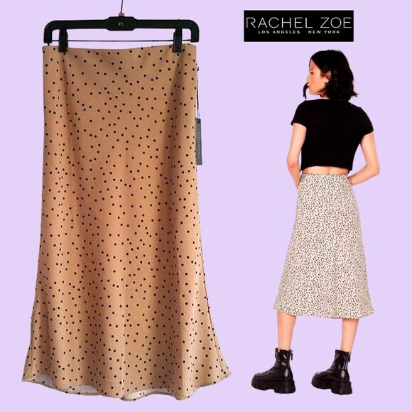 RACHEL ZOE NEW Polka Dot A-Line Beige Midi Skirt 6 - Picture 6 of 9